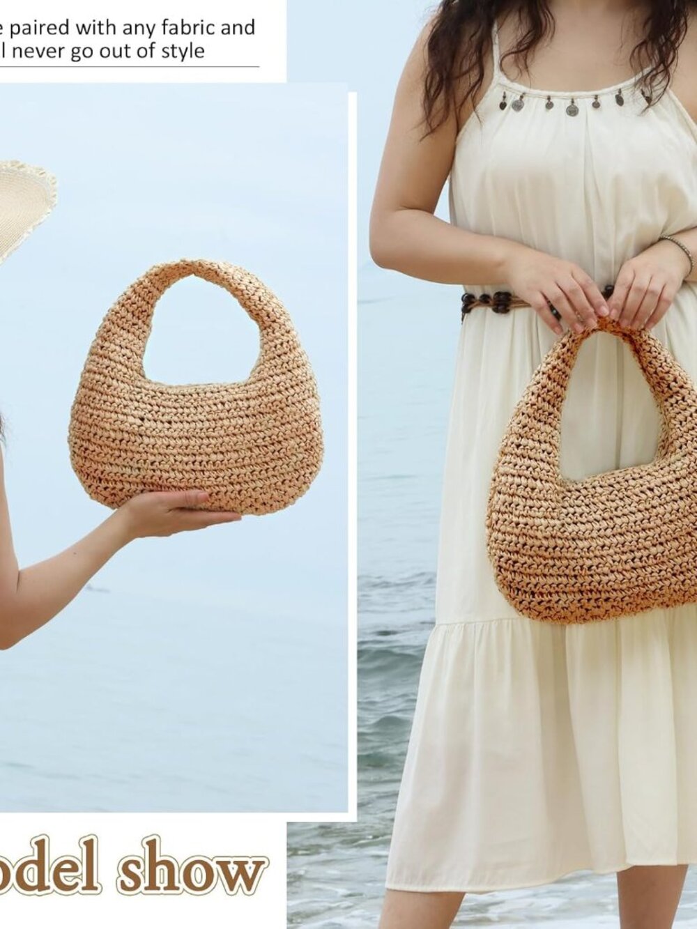 Straw Bag for Women Crescent Shoulder Handbag Straw Summer Beach Tote Handbag Ra - Picture 7 of 7